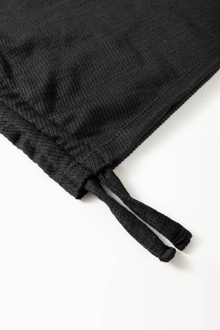 Black Racerback Ribbed Knit Drawstring Bodycon Dress - Fashion Queen -  10