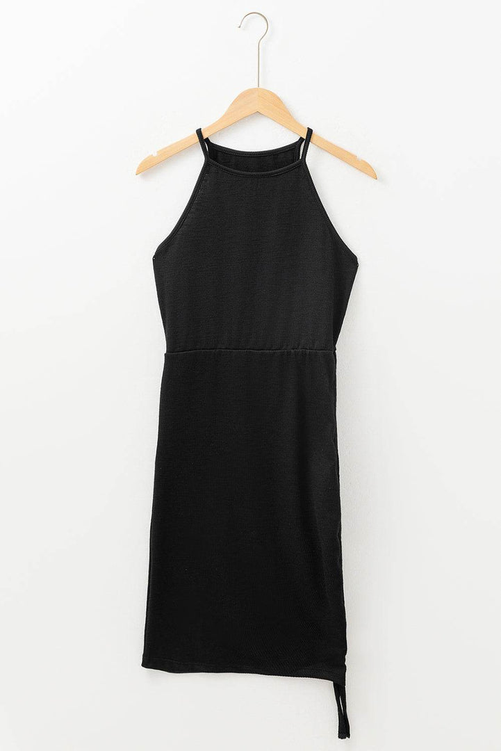 Black Racerback Ribbed Knit Drawstring Bodycon Dress - Fashion Queen -  5
