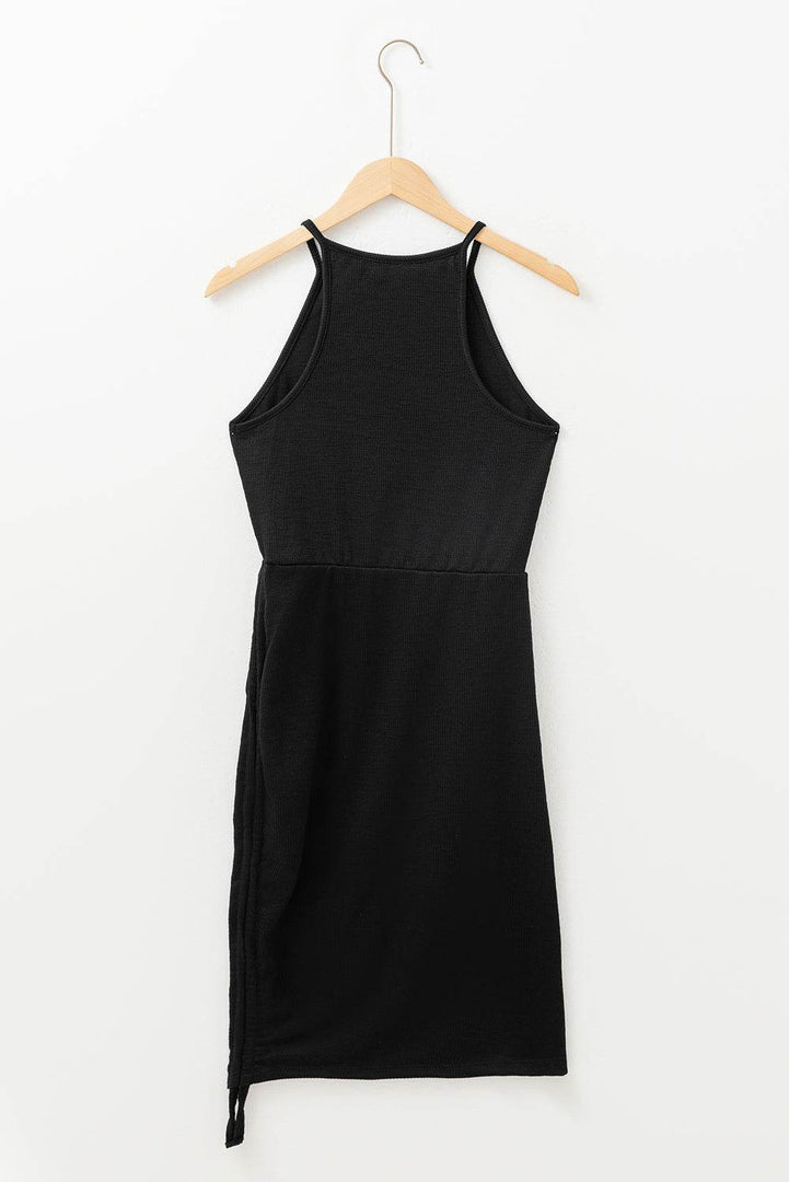 Black Racerback Ribbed Knit Drawstring Bodycon Dress - Fashion Queen -  6