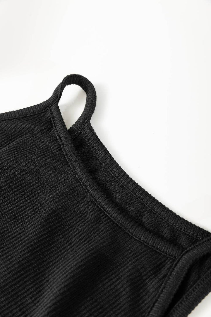 Black Racerback Ribbed Knit Drawstring Bodycon Dress - Fashion Queen -  7