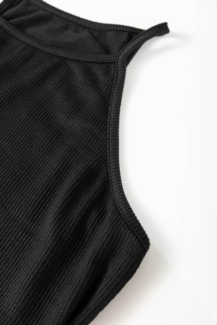 Black Racerback Ribbed Knit Drawstring Bodycon Dress - Fashion Queen -  8