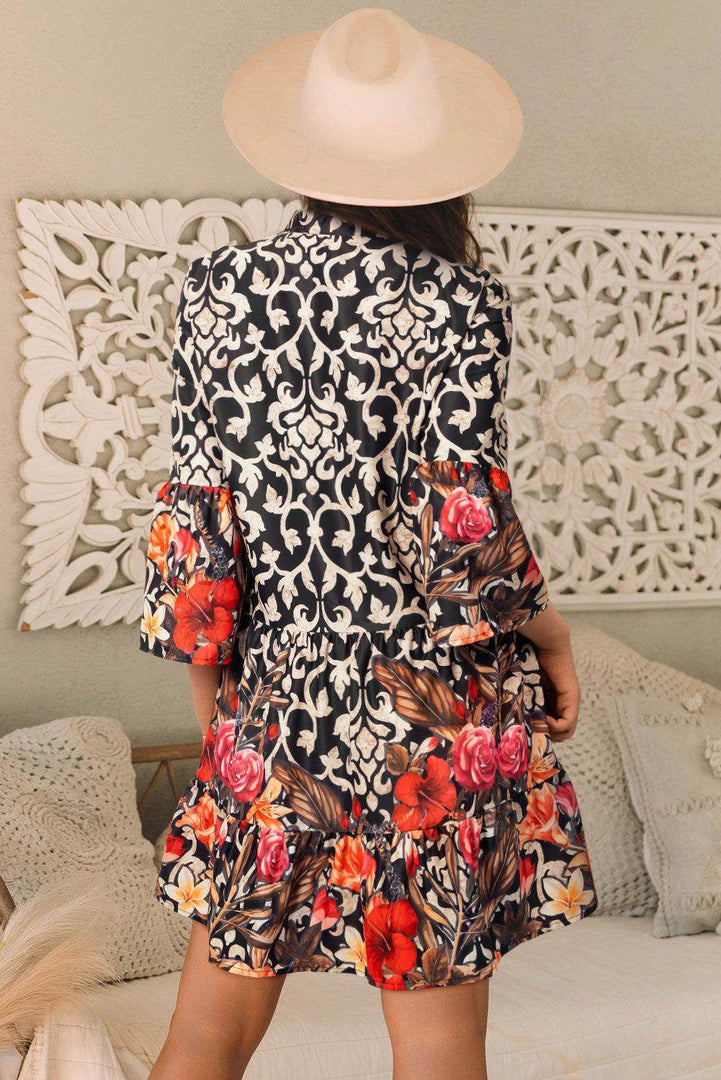 Black Retro Floral Mixed Print Split Neck A-line Dress - Fashion Queen -  2