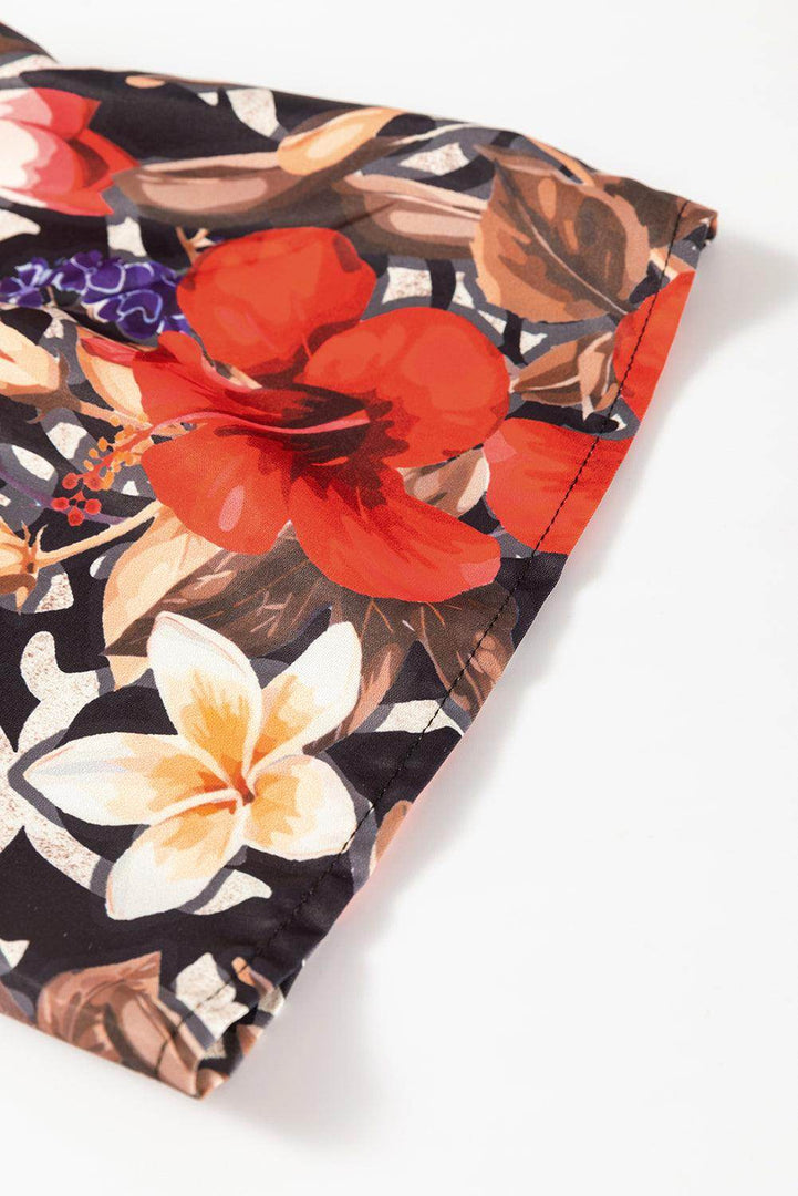 Black Retro Floral Mixed Print Split Neck A-line Dress - Fashion Queen -  5