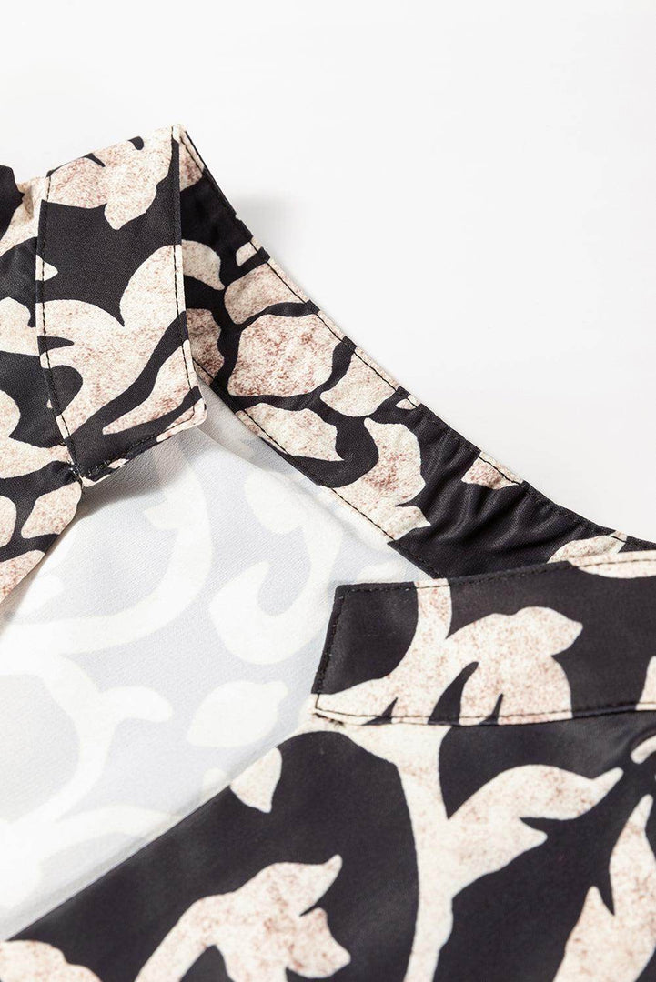 Black Retro Floral Mixed Print Split Neck A-line Dress - Fashion Queen -  6