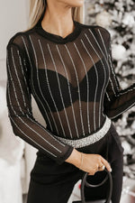 Load image into Gallery viewer, Black Rhinestone Decor Striped Mesh Long Sleeve Bodysuit - Fashion Queen -  1
