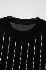 Load image into Gallery viewer, Black Rhinestone Decor Striped Mesh Long Sleeve Bodysuit - Fashion Queen -  10
