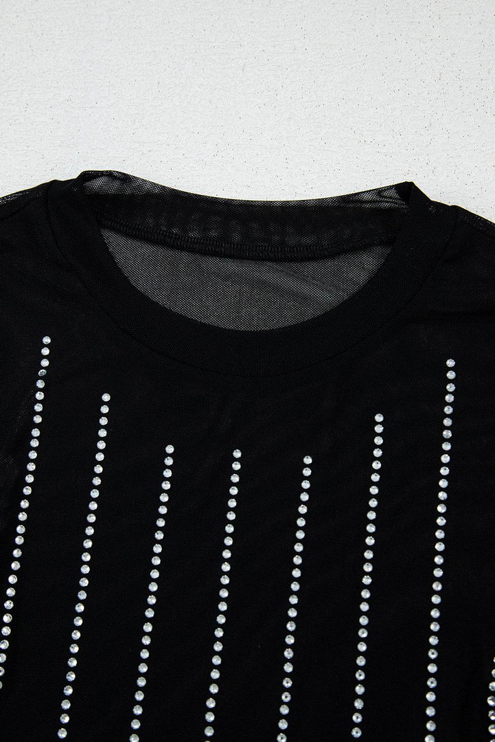 Black Rhinestone Decor Striped Mesh Long Sleeve Bodysuit - Fashion Queen -  10