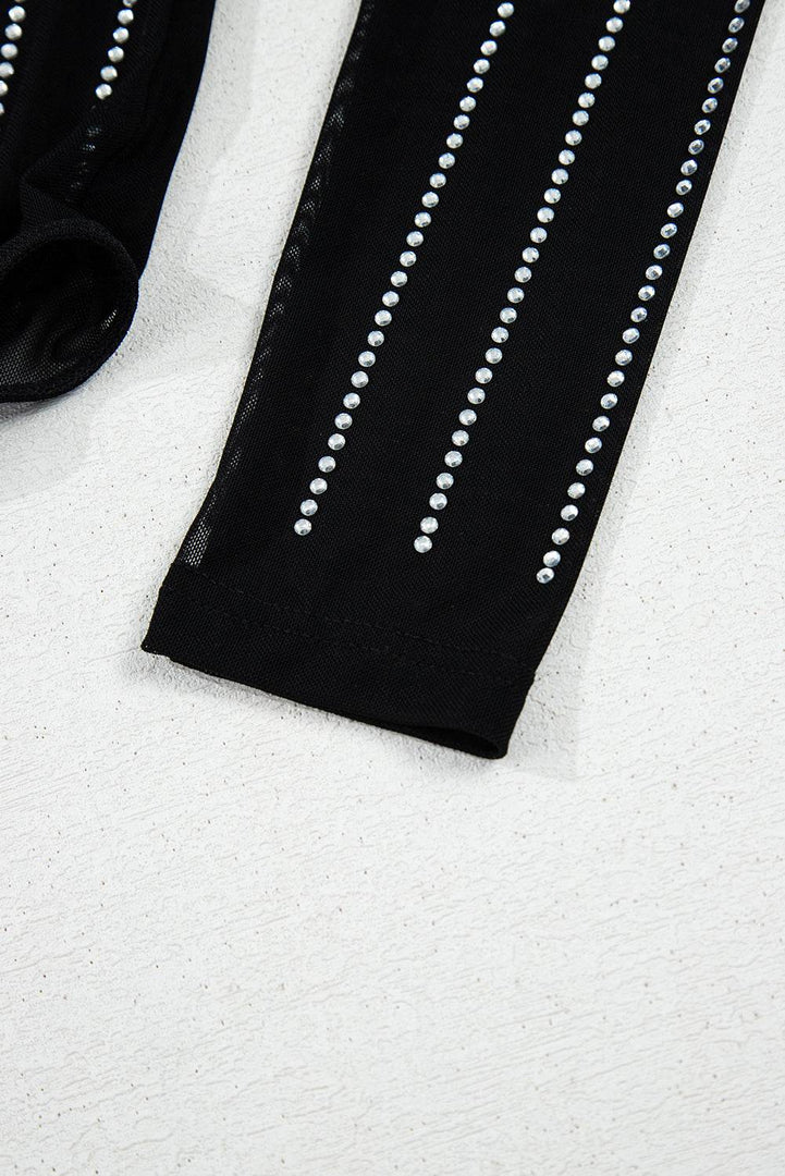 Black Rhinestone Decor Striped Mesh Long Sleeve Bodysuit - Fashion Queen -  11