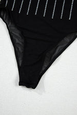 Load image into Gallery viewer, Black Rhinestone Decor Striped Mesh Long Sleeve Bodysuit - Fashion Queen -  13
