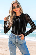 Load image into Gallery viewer, Black Rhinestone Decor Striped Mesh Long Sleeve Bodysuit - Fashion Queen -  14

