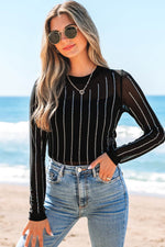 Load image into Gallery viewer, Black Rhinestone Decor Striped Mesh Long Sleeve Bodysuit - Fashion Queen -  17
