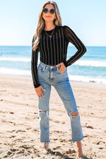 Load image into Gallery viewer, Black Rhinestone Decor Striped Mesh Long Sleeve Bodysuit - Fashion Queen -  18
