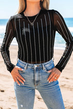 Load image into Gallery viewer, Black Rhinestone Decor Striped Mesh Long Sleeve Bodysuit - Fashion Queen -  20
