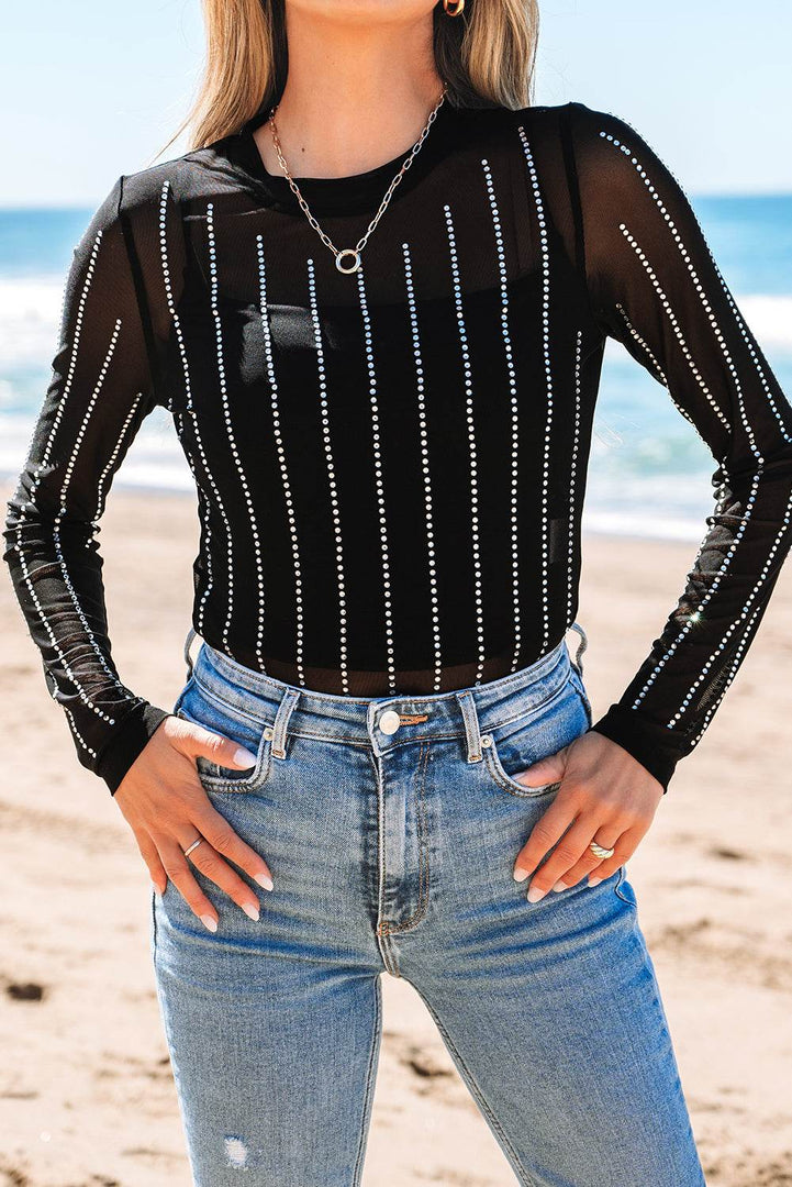Black Rhinestone Decor Striped Mesh Long Sleeve Bodysuit - Fashion Queen -  20