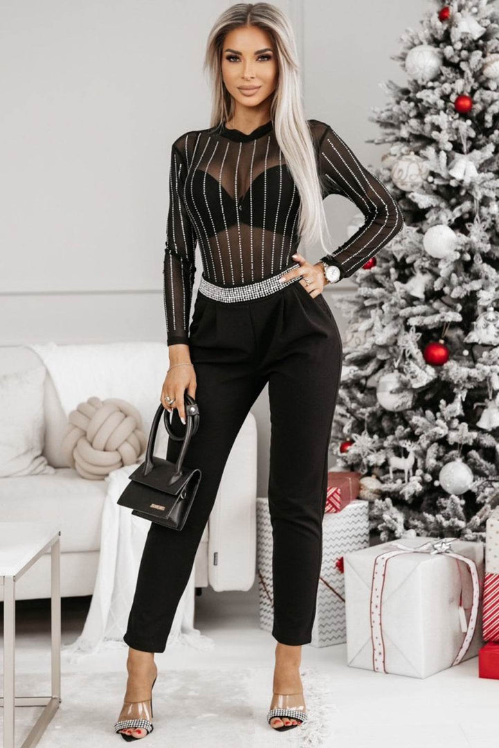 Black Rhinestone Decor Striped Mesh Long Sleeve Bodysuit - Fashion Queen -  5