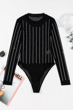 Load image into Gallery viewer, Black Rhinestone Decor Striped Mesh Long Sleeve Bodysuit - Fashion Queen -  6
