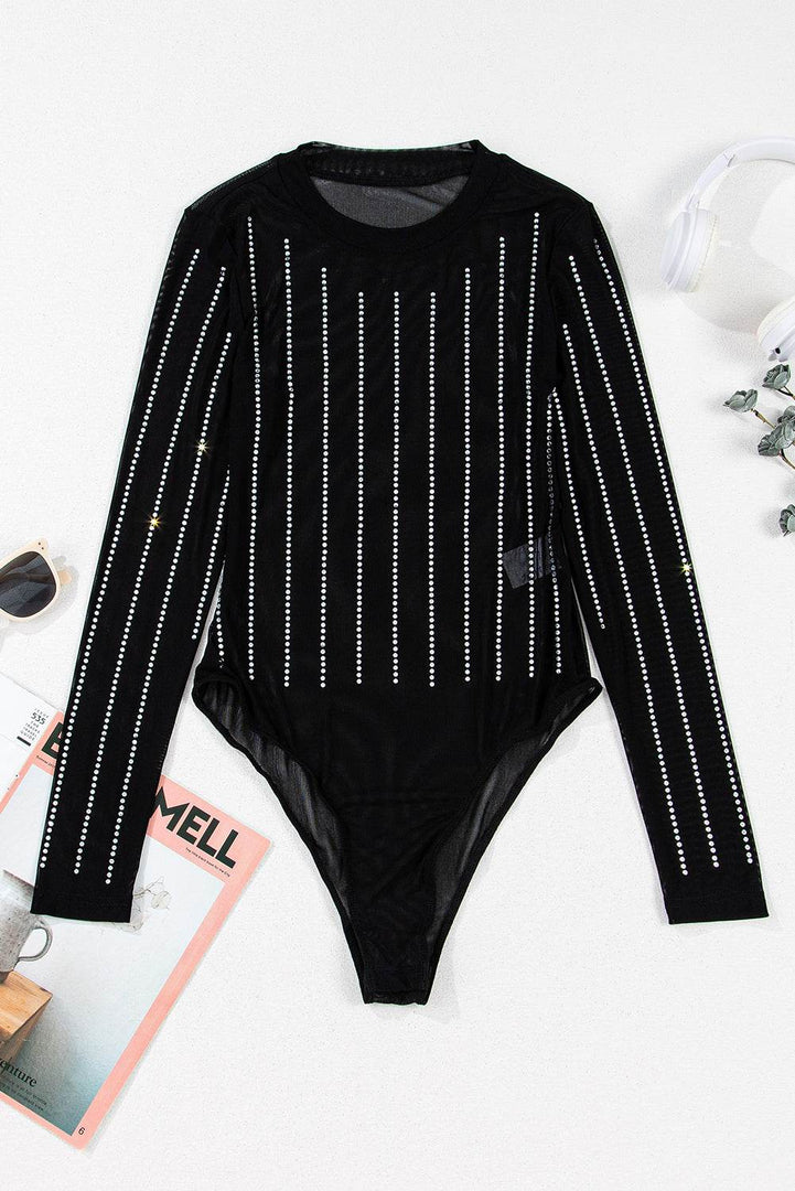 Black Rhinestone Decor Striped Mesh Long Sleeve Bodysuit - Fashion Queen -  6