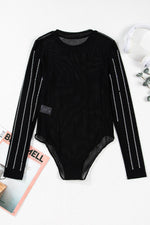 Load image into Gallery viewer, Black Rhinestone Decor Striped Mesh Long Sleeve Bodysuit - Fashion Queen -  7
