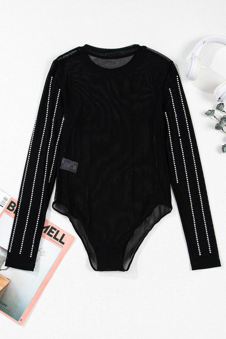 Black Rhinestone Decor Striped Mesh Long Sleeve Bodysuit - Fashion Queen -  7