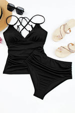 Load image into Gallery viewer, Black Ribbed Dual Crisscross Straps Cut-Out Back Tankini Suit - Fashion Queen -  13
