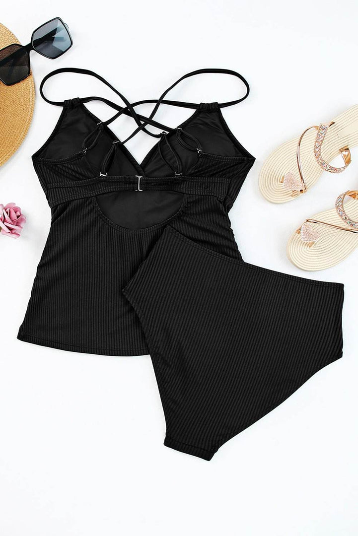 Black Ribbed Dual Crisscross Straps Cut-Out Back Tankini Suit - Fashion Queen -  14