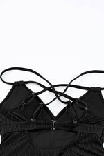 Load image into Gallery viewer, Black Ribbed Dual Crisscross Straps Cut-Out Back Tankini Suit - Fashion Queen -  16
