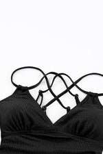 Load image into Gallery viewer, Black Ribbed Dual Crisscross Straps Cut-Out Back Tankini Suit - Fashion Queen -  17
