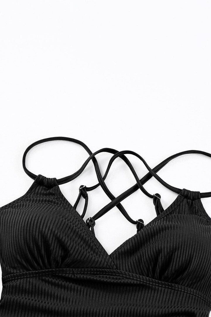 Black Ribbed Dual Crisscross Straps Cut-Out Back Tankini Suit - Fashion Queen -  17