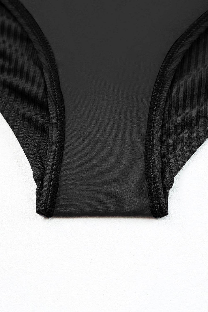 Black Ribbed Dual Crisscross Straps Cut-Out Back Tankini Suit - Fashion Queen -  18