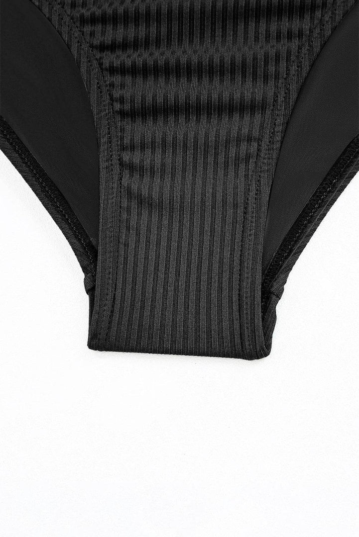 Black Ribbed Dual Crisscross Straps Cut-Out Back Tankini Suit - Fashion Queen -  19