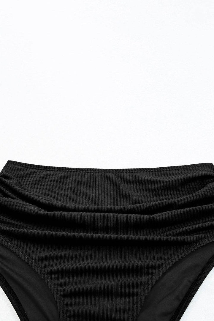 Black Ribbed Dual Crisscross Straps Cut-Out Back Tankini Suit - Fashion Queen -  20