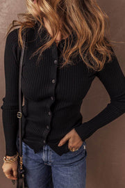 Black Ribbed Knit Collared Slim Fit Sweater Cardigan - Fashion Queen -  1