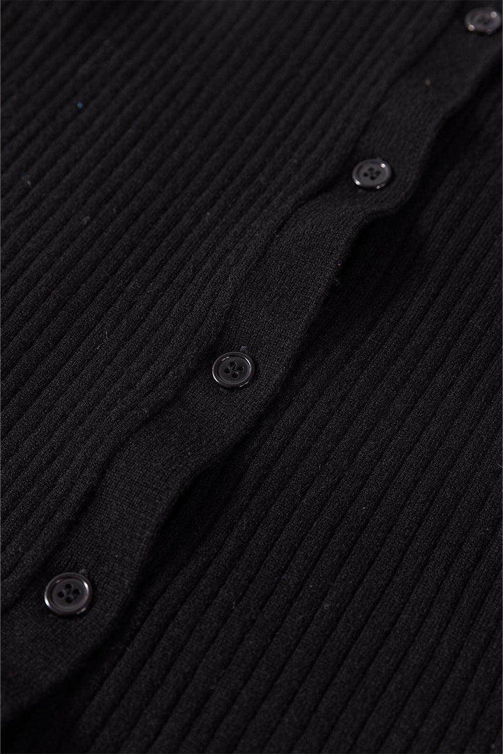 Black Ribbed Knit Collared Slim Fit Sweater Cardigan - Fashion Queen -  10