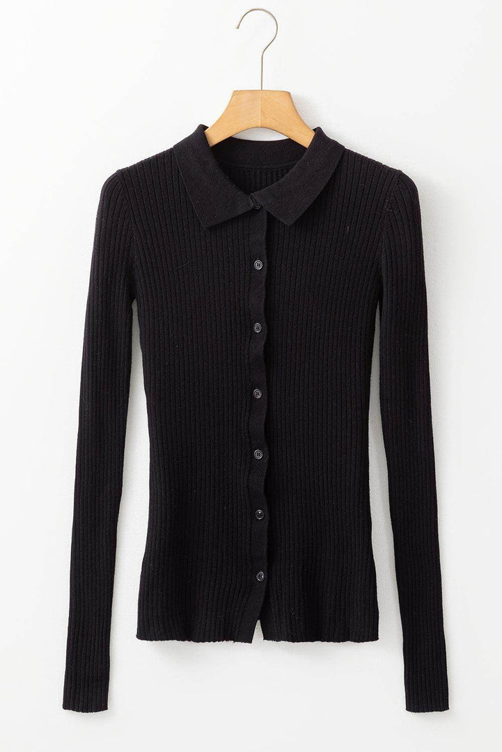 Black Ribbed Knit Collared Slim Fit Sweater Cardigan - Fashion Queen -  6