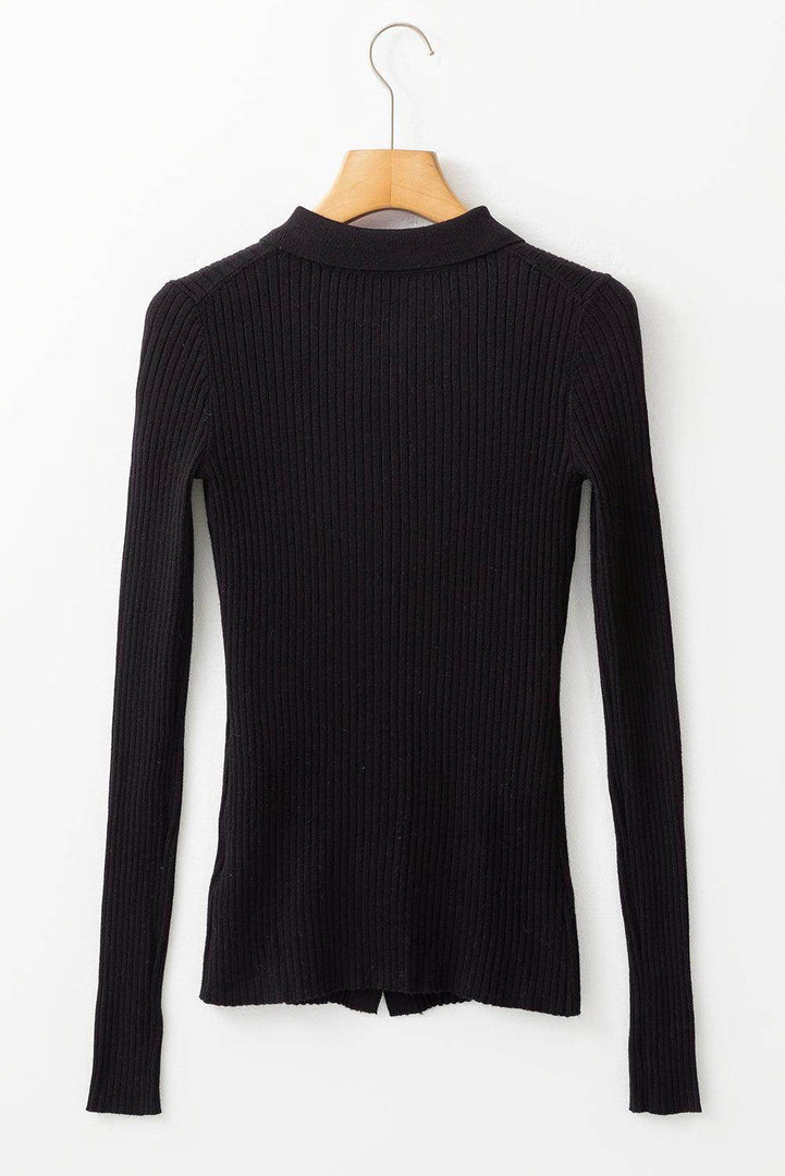 Black Ribbed Knit Collared Slim Fit Sweater Cardigan - Fashion Queen -  7