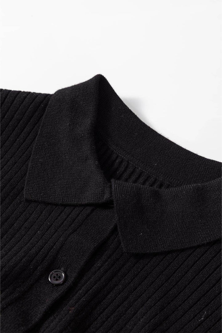 Black Ribbed Knit Collared Slim Fit Sweater Cardigan - Fashion Queen -  8