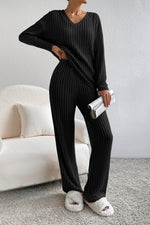 Load image into Gallery viewer, Black Ribbed Knit V Neck Slouchy Two-piece Outfit - Fashion Queen -  1
