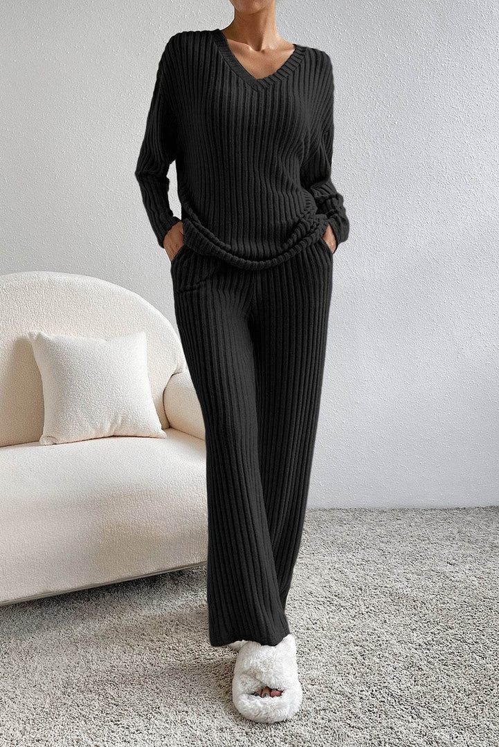 Black Ribbed Knit V Neck Slouchy Two-piece Outfit - Fashion Queen -  13