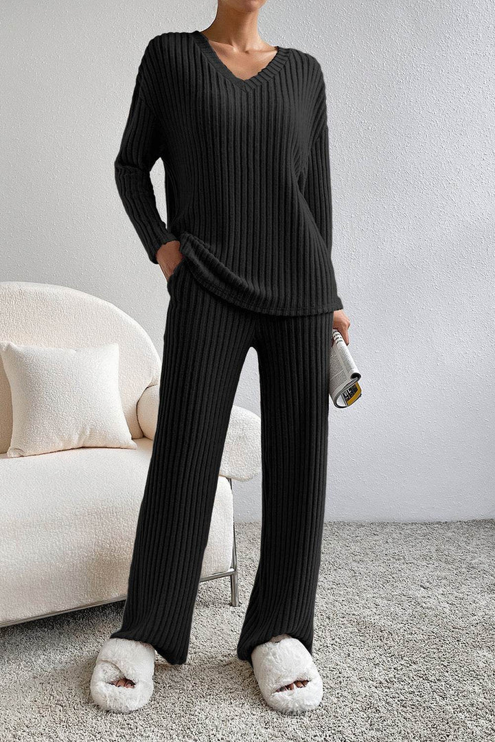 Black Ribbed Knit V Neck Slouchy Two-piece Outfit - Fashion Queen -  14