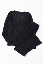 Load image into Gallery viewer, Black Ribbed Knit V Neck Slouchy Two-piece Outfit - Fashion Queen -  16
