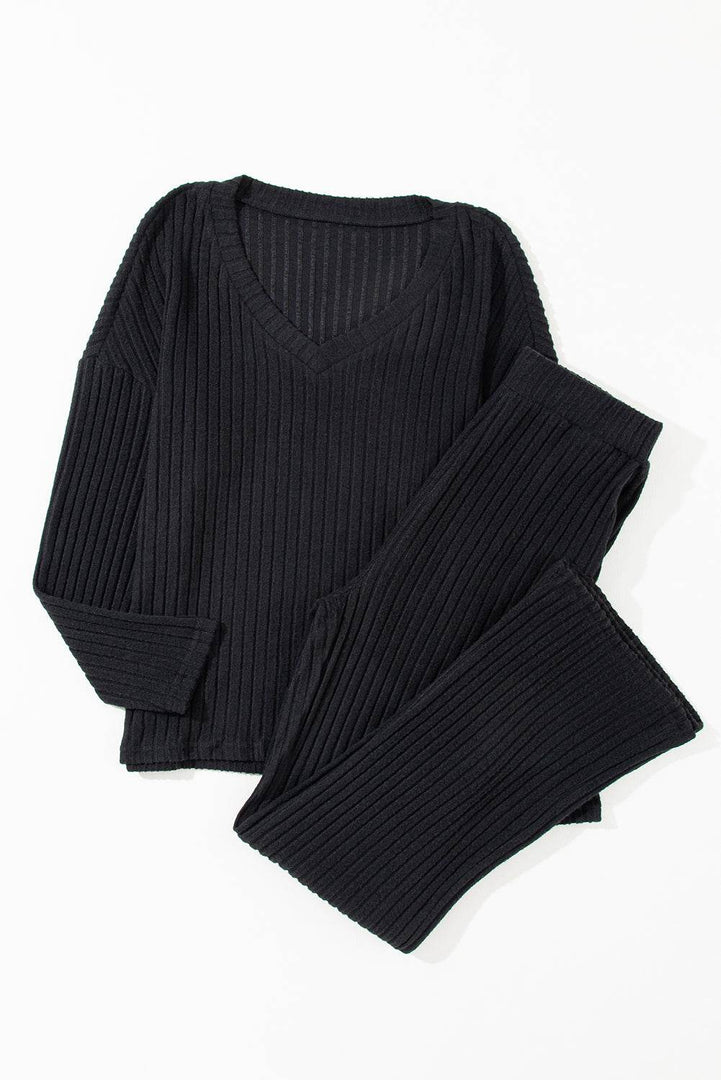 Black Ribbed Knit V Neck Slouchy Two-piece Outfit - Fashion Queen -  16