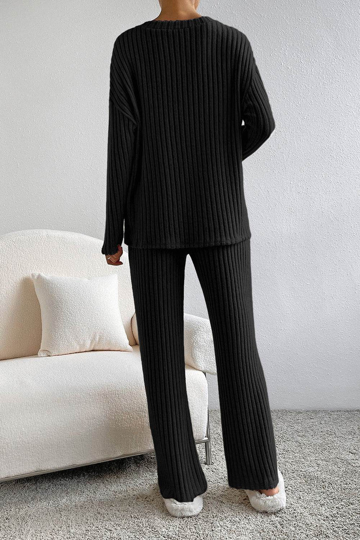 Black Ribbed Knit V Neck Slouchy Two-piece Outfit - Fashion Queen -  2