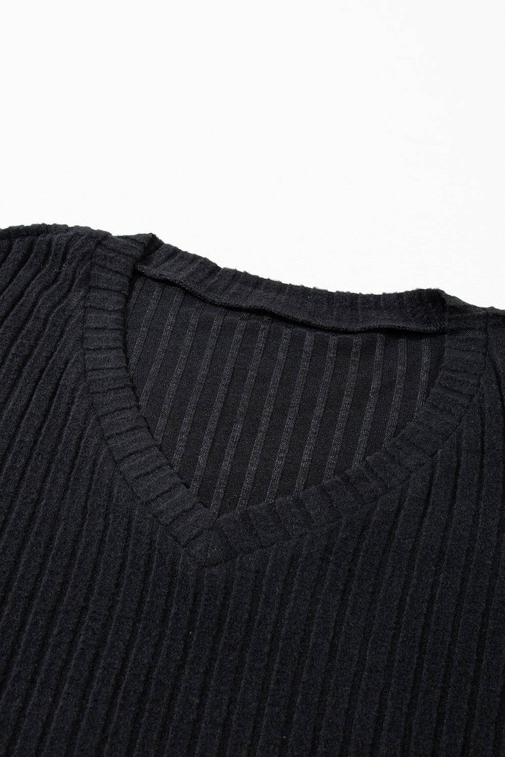 Black Ribbed Knit V Neck Slouchy Two-piece Outfit - Fashion Queen -  22