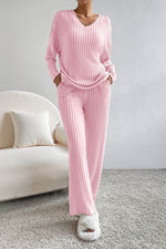 Load image into Gallery viewer, Black Ribbed Knit V Neck Slouchy Two-piece Outfit - Fashion Queen -  23

