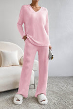 Load image into Gallery viewer, Black Ribbed Knit V Neck Slouchy Two-piece Outfit - Fashion Queen -  24
