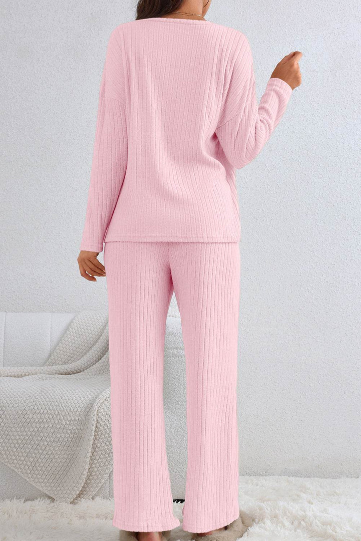 Black Ribbed Knit V Neck Slouchy Two-piece Outfit - Fashion Queen -  25