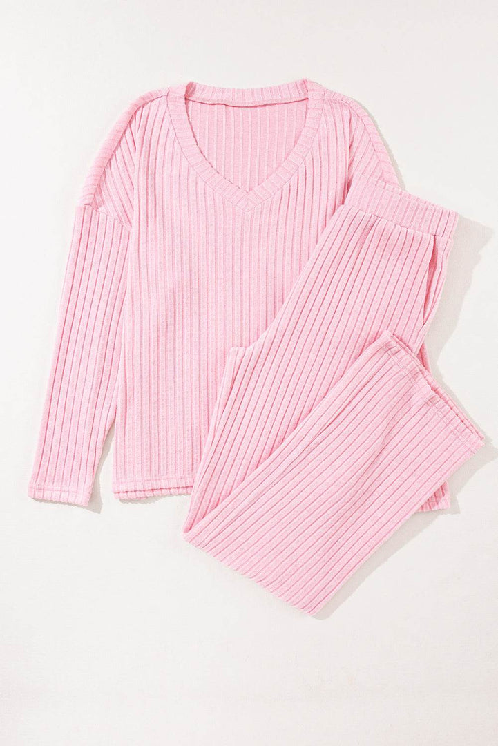 Black Ribbed Knit V Neck Slouchy Two-piece Outfit - Fashion Queen -  26