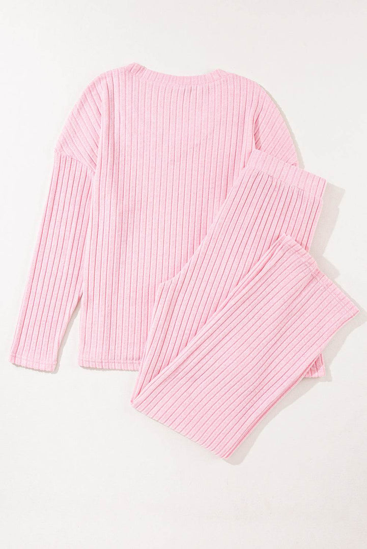 Black Ribbed Knit V Neck Slouchy Two-piece Outfit - Fashion Queen -  27