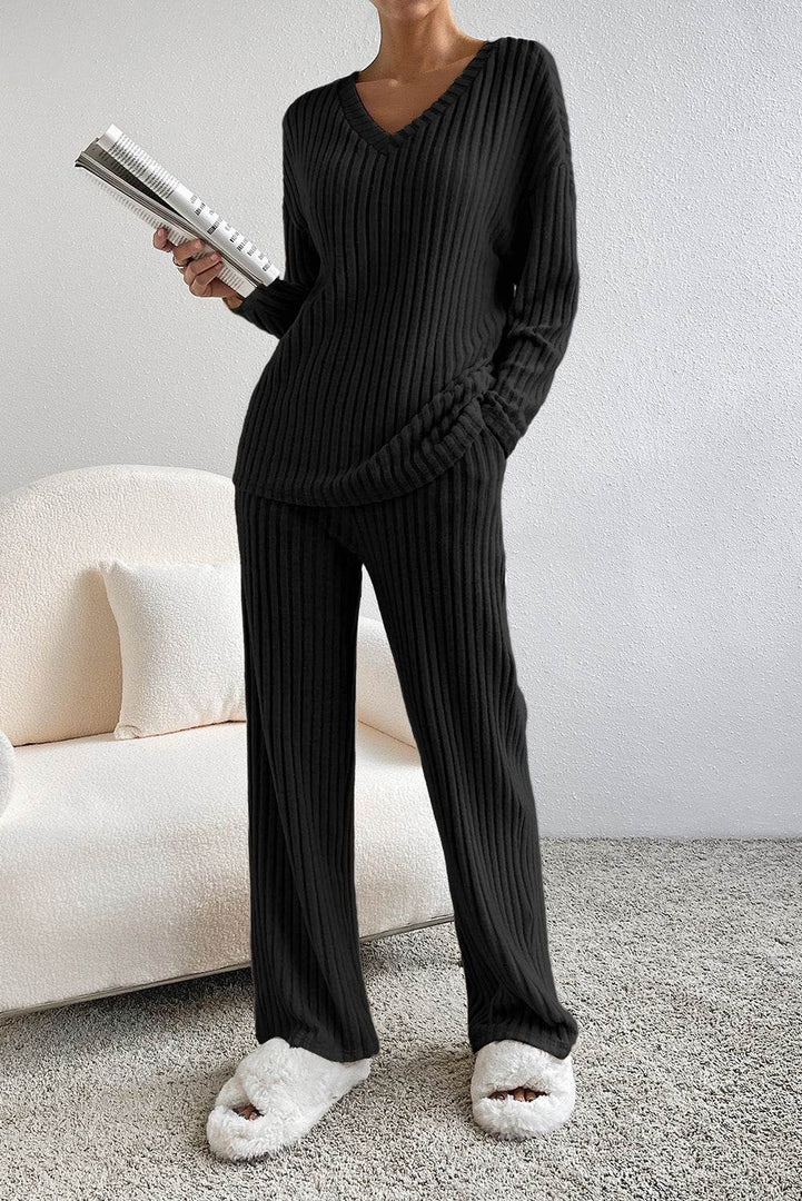 Black Ribbed Knit V Neck Slouchy Two-piece Outfit - Fashion Queen -  3