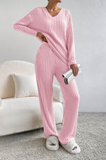 Load image into Gallery viewer, Black Ribbed Knit V Neck Slouchy Two-piece Outfit - Fashion Queen -  4
